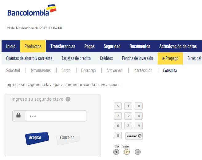 Tarjeta e-prepago Bancolombia Consulta